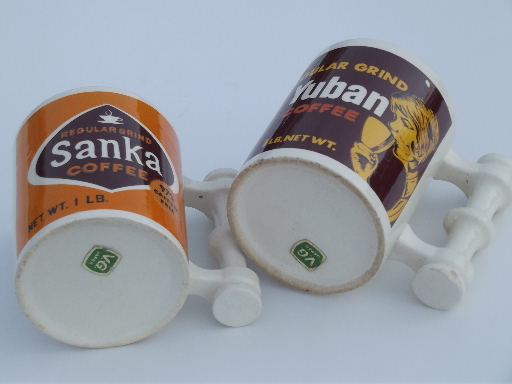 Retro 70s vintage Sanka & Yuban coffee advertising mugs, great graphics!