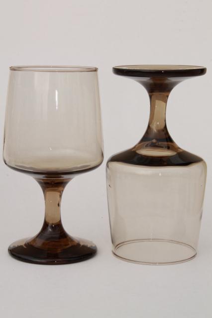 retro 70s vintage smoke brown tawny Libbey accent wine glasses, mod smoked glass