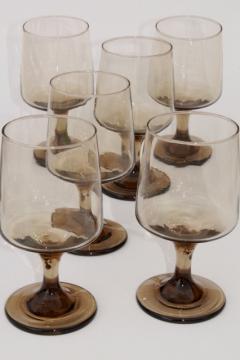 retro 70s vintage smoke brown tawny Libbey accent wine glasses, mod smoked glass