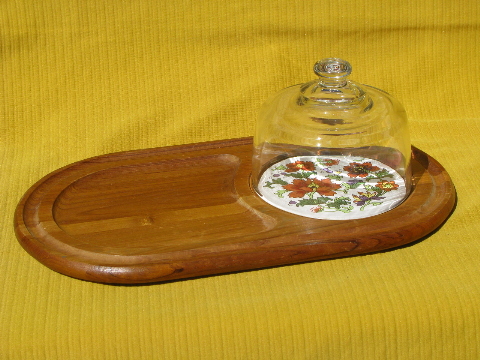 Retro 70s vintage teak wood fruit and cheese board, glass dome cover