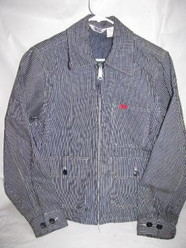 Retro 70s vintage western wear, railroad stripe zip-front denim jacket, Big Smith