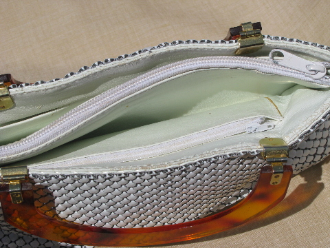 Retro 70s white metal mesh purse, tortoise plastic handbag handles