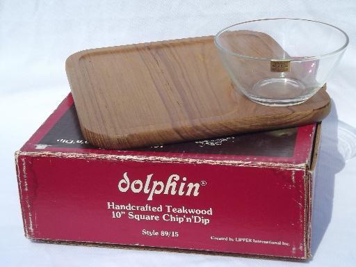 Retro 80s vintage Dolphin solid teak wood relish plate, chip & dip tray