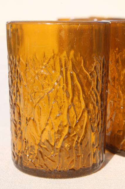 retro amber crinkle ice textured plastic restaurant drinking glasses, unbreakable tumblers