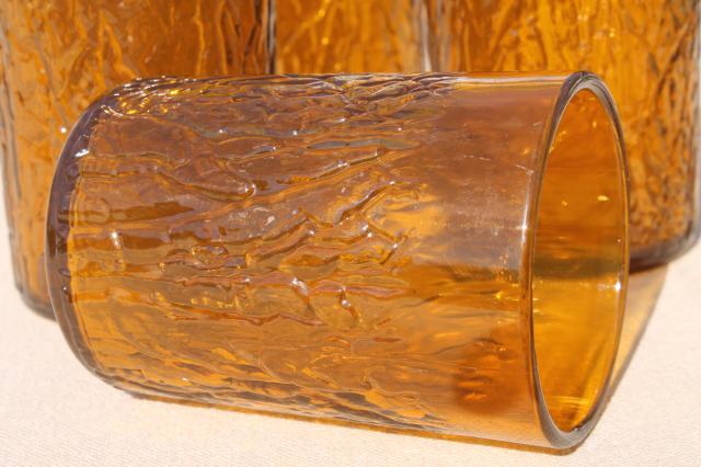 retro amber crinkle ice textured plastic restaurant drinking glasses, unbreakable tumblers