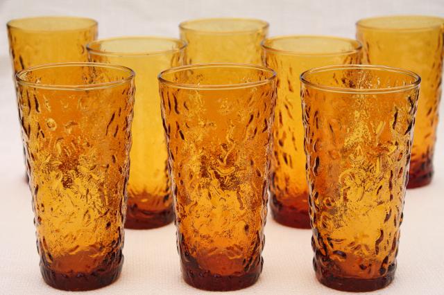 retro amber glass drinking glasses, vintage Anchor Hocking Milano desert gold tumblers
