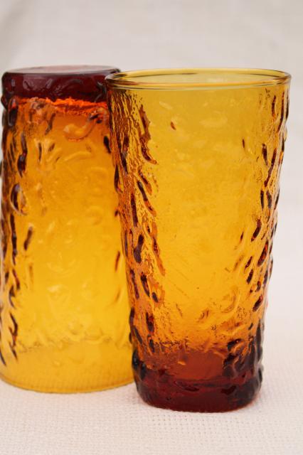retro amber glass drinking glasses, vintage Anchor Hocking Milano desert gold tumblers