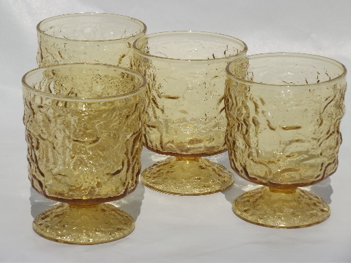 Retro amber Lido crinkle glass footed tumblers, 60s vintage glasses set