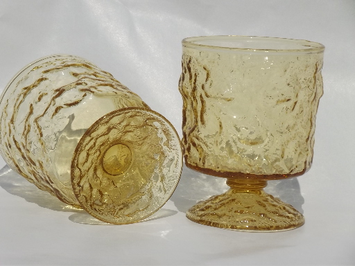 Retro amber Lido crinkle glass footed tumblers, 60s vintage glasses set