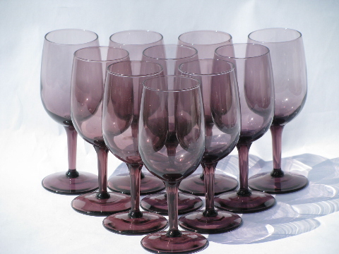 Retro amethyst purple wine glasses, 10 goblets Libbey stemware