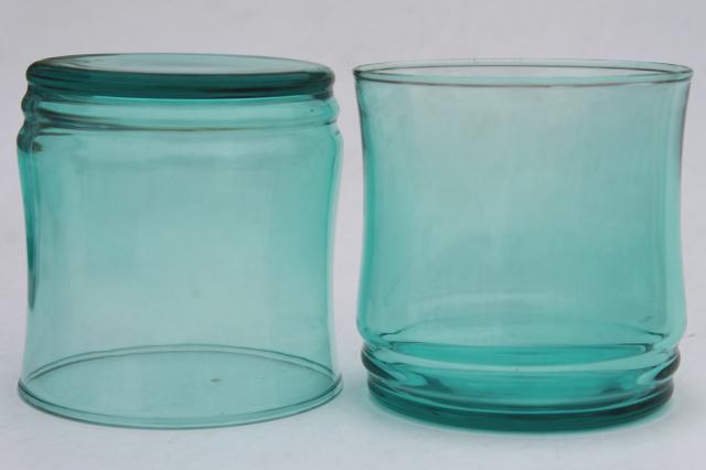 retro aqua green glass drinking glasses, mod vintage on the rocks old fashioned tumblers