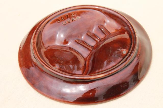 retro brown drip glaze ceramic big round ashtray, vintage USA pottery