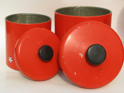 Retro butterflies Ransburg kitchen canisters, 60s vintage metal tole