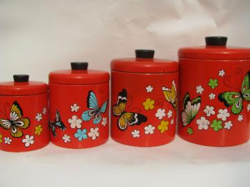 Retro butterflies Ransburg kitchen canisters, 60s vintage metal tole