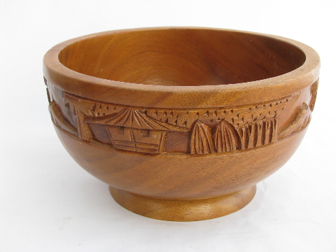 Retro carved acacia wood bowl, water buffalo & native village