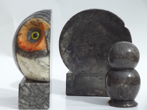 Retro carved stone owls, big owl bookends & little baby desk paperweight