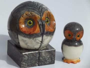 Retro carved stone owls, big owl bookends & little baby desk paperweight
