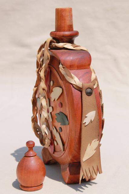 retro carved wood canteen bottle, vintage decanter flask decorated w/ colored leather