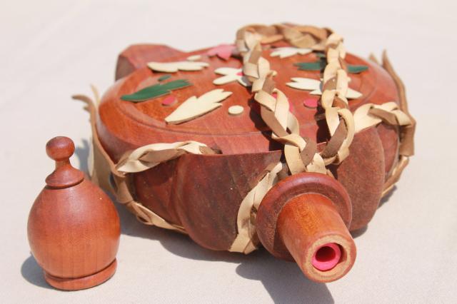 retro carved wood canteen bottle, vintage decanter flask decorated w/ colored leather