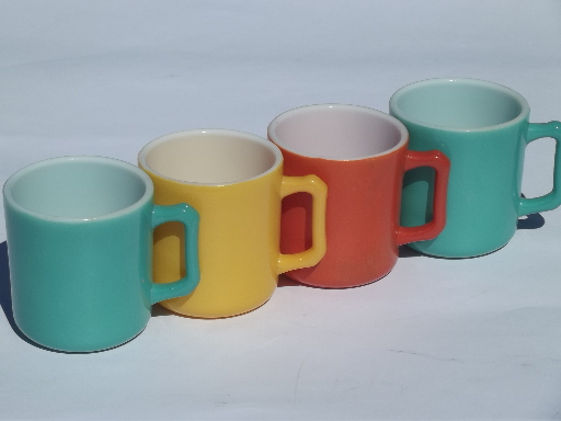 Retro colors kitchen glass coffee cups, vintage fired on color platonite