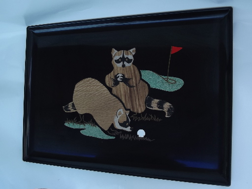 Retro Couroc melamine tray, golf course raccoons, coons golfing w/ ball