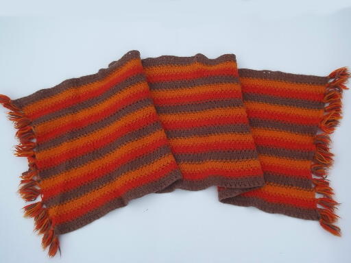 Retro crochet rug - brown, tomato red, orange felted wool w/ fringe