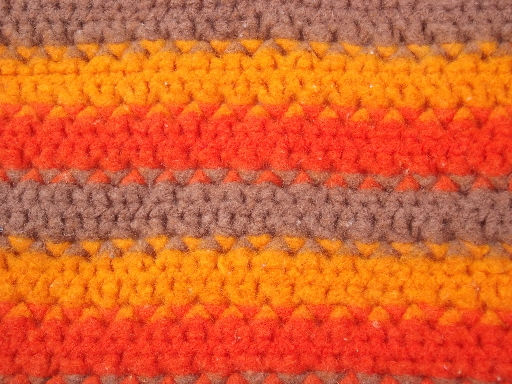 Retro crochet rug - brown, tomato red, orange felted wool w/ fringe