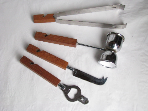 Retro danish modern vintage teak wood bar tools set w/ stand, 60s Georges Briard