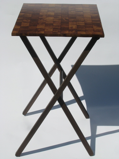 Retro danish modern vintage TV tray tables w/ stand wood blocks laminate