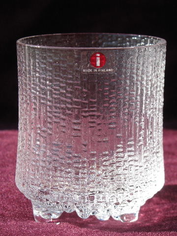 Retro drinks set, mod textured glass pitcher and glasses, Finland labels