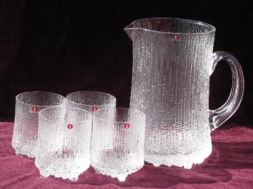 Retro drinks set, mod textured glass pitcher and glasses, Finland labels