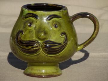 Retro face w/ mustache mug,  60s vintage mustache cup w/ Victorian gent