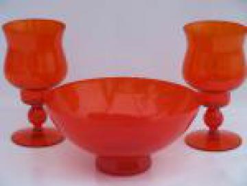 Retro flame orange glass console bowl and candle holders, 60s danish mod