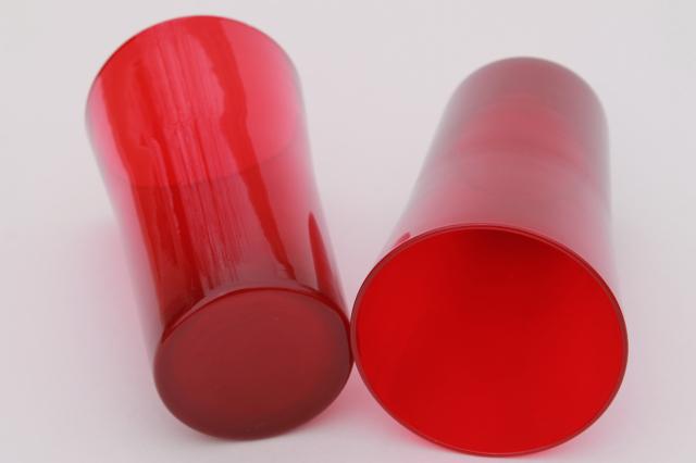 retro flame red hand blown glass tumbler vases, mod vintage art glass