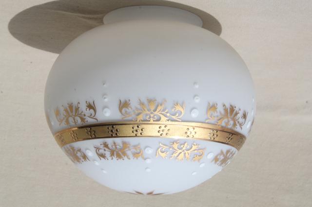 retro frosted glass mushroom globe shades, vintage glass lampshades white w/ gold