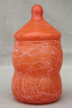 Retro genie bottle candy jar, 60s vintage orange & white drizzle string glass