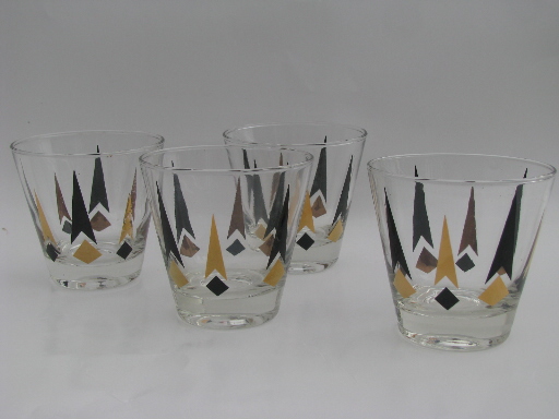 Retro gold and black bar glasses for drinks and cocktails, mod atomic starburst rays