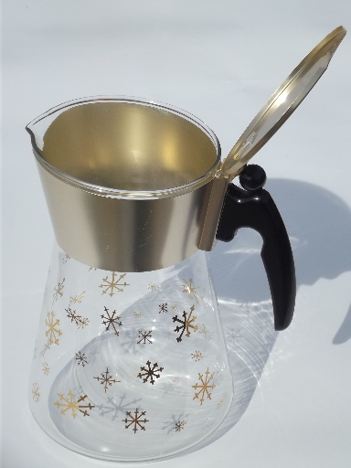 Retro gold starburst snowflake heat proof glass carafe, 60s vintage