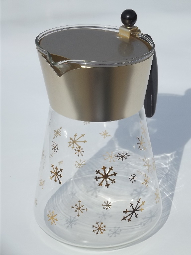 Retro gold starburst snowflake heat proof glass carafe, 60s vintage