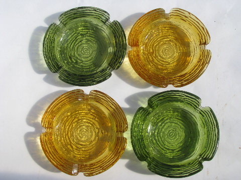 Retro green & amber gold heavy textured glass ashtrays, vintage sorreno