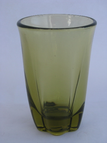Retro green glass tumblers, vintage Tiffin / Duncan & Miller Canterbury pattern