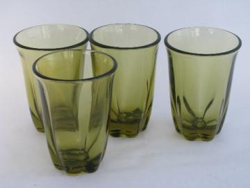 Retro green glass tumblers, vintage Tiffin / Duncan & Miller Canterbury pattern