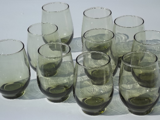 Retro green stemless wine glasses, Libbey Tempo flat tumblers set of 10