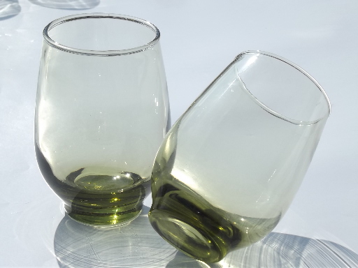 Retro green stemless wine glasses, Libbey Tempo flat tumblers set of 10