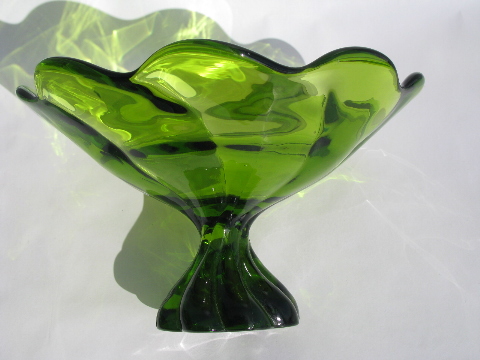 Retro green swirl shape compote bowl, vintage Italian art glass