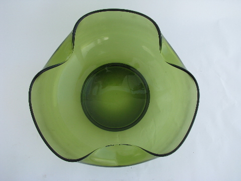 Retro green vintage Anchor Hocking console set, centerpiece bowl, candle holders