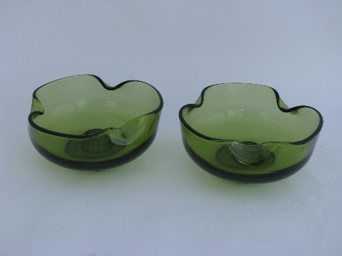 Retro green vintage Anchor Hocking console set, centerpiece bowl, candle holders