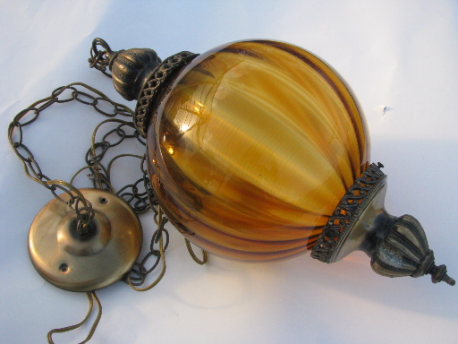 Retro groovy 60s vintage swag lamp, hanging light w/ amber glass globe