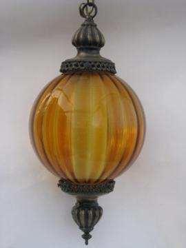 Retro groovy 60s vintage swag lamp, hanging light w/ amber glass globe