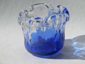 Retro hand blown art glass bowl vase, cobalt blue / crystal clear wave